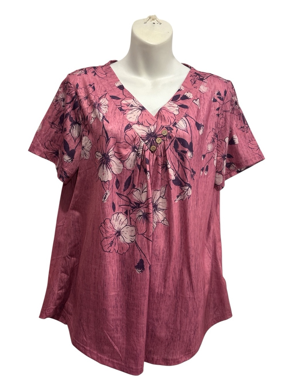 Floral V-Neck Short Sleeve Blouse in Rose Pink size large